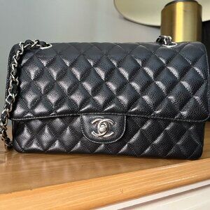 Black Caviar Double Flap Medium Leather Purse Bag READ